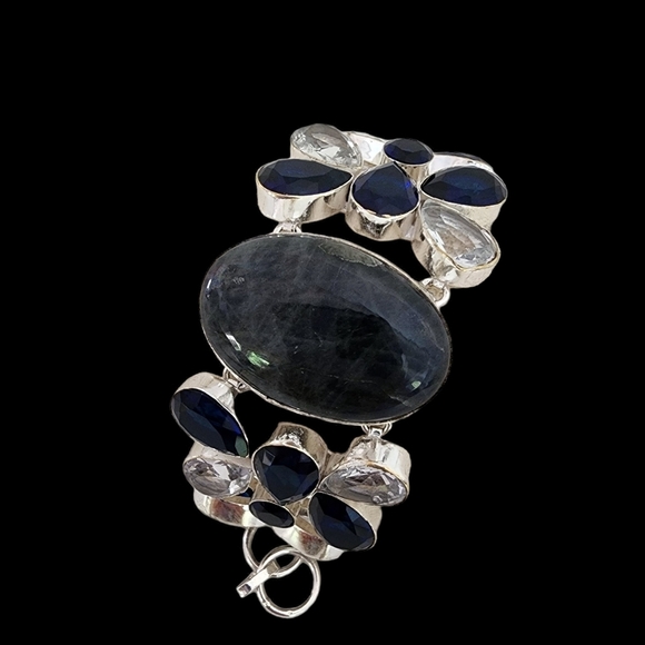 Blue sodalite gemstone bracelet silver + white topaz + blue faceted glass Q04 - Picture 12 of 14